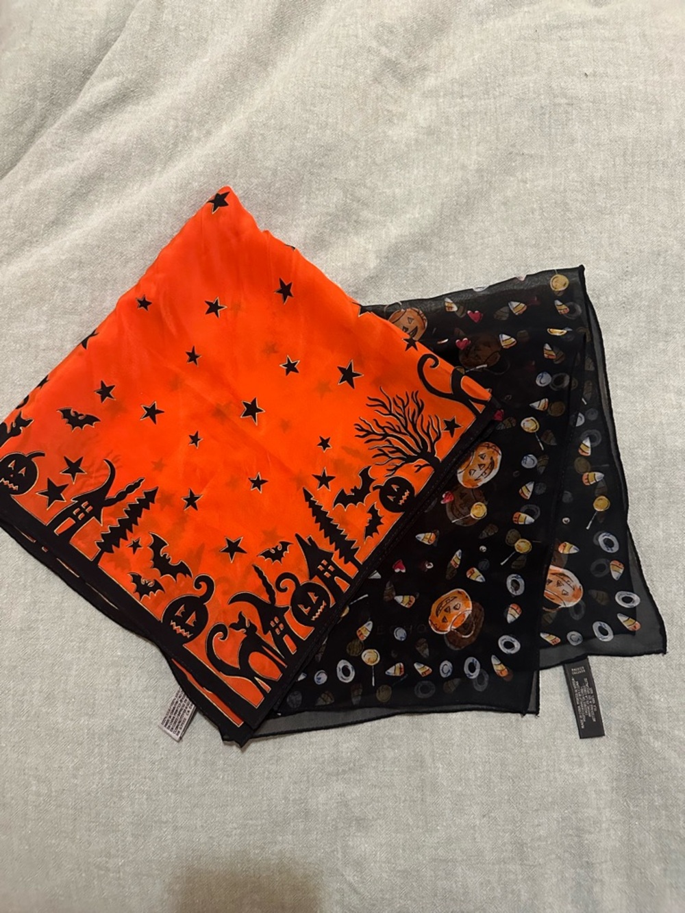 Vintage silk Halloween Scarf Duo - Orange & Black Pumpkin Print